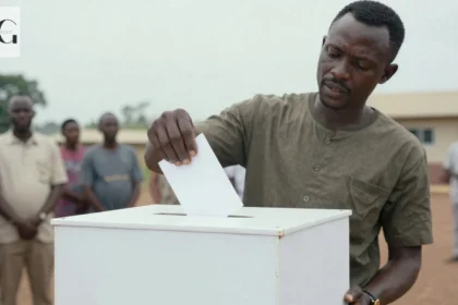 A Ugandan man voting in a presidential election, featuring a symbolic element of the Ugandan flag