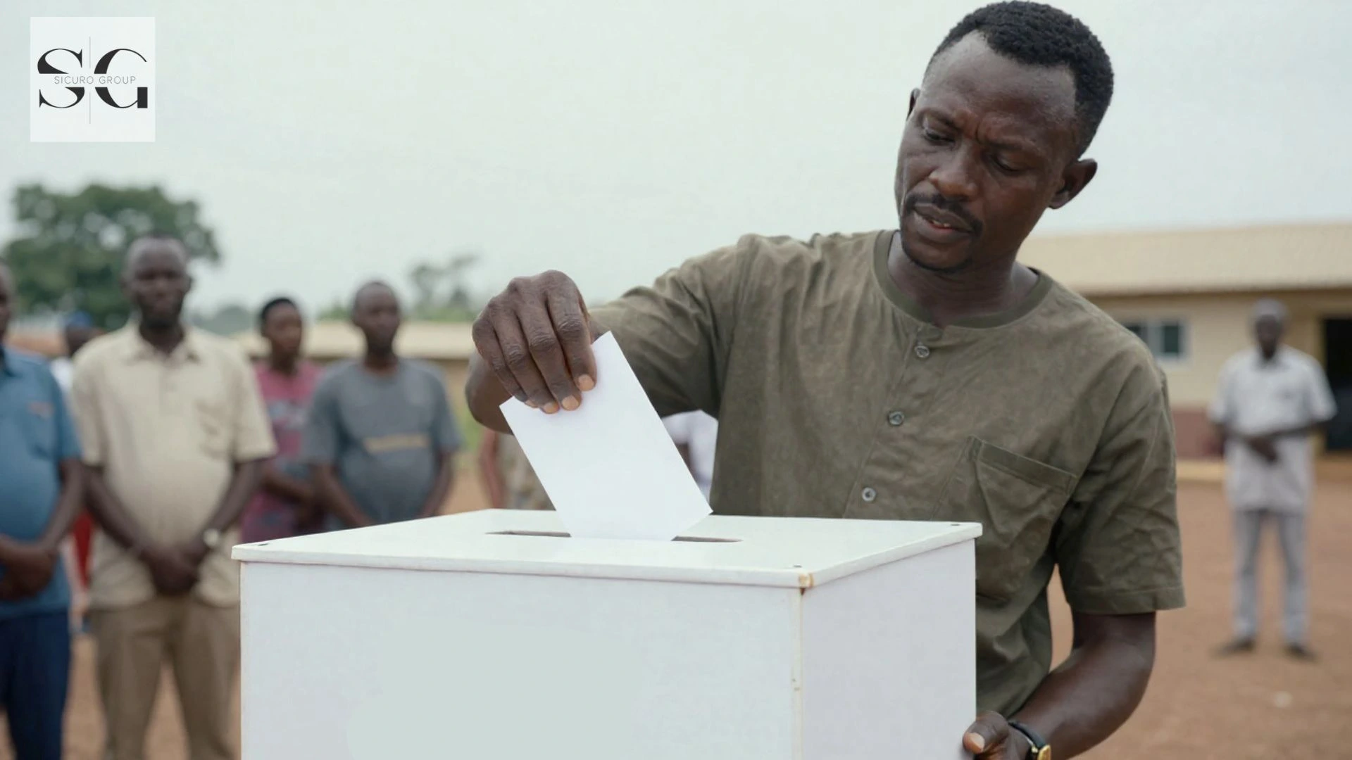 A Ugandan man voting in a presidential election, featuring a symbolic element of the Ugandan flag