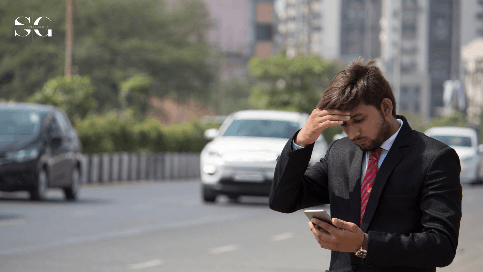A frustrated business man receiving a distressing evacuation notice on their phone