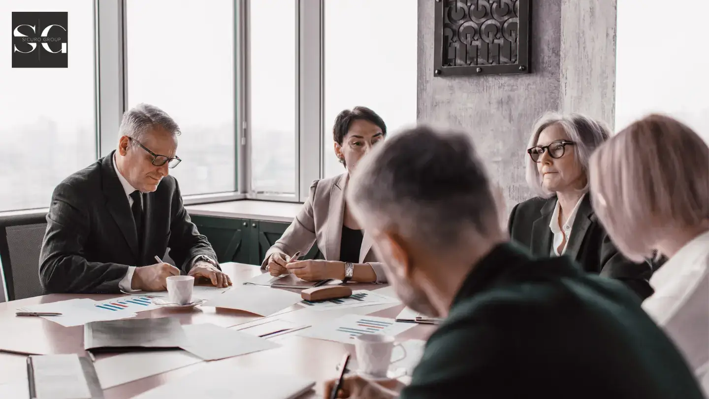 5 people in a meeting room discussing a business continuity plan