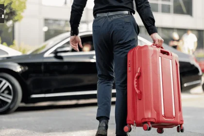 Business traveler with a red suitcase approaching a luxury sedan outside a modern building entrance.