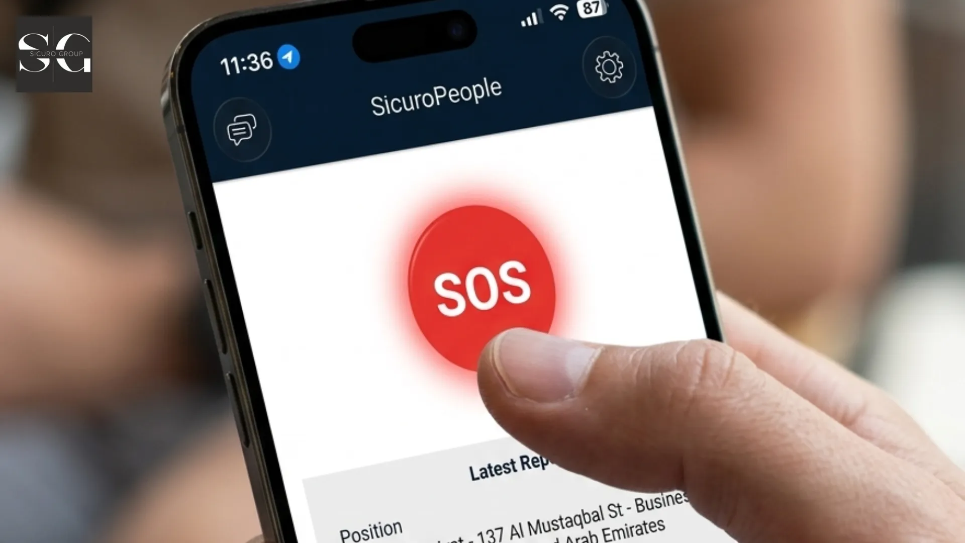 Close-up of the SicuroPeople mobile app with a user pressing the SOS emergency button for instant safety alerts and emergency assistance.