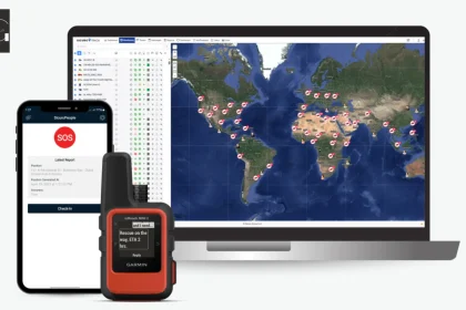 Global safety monitoring platform showing live tracking map, SOS mobile app, and Garmin satellite communicator for emergency response.