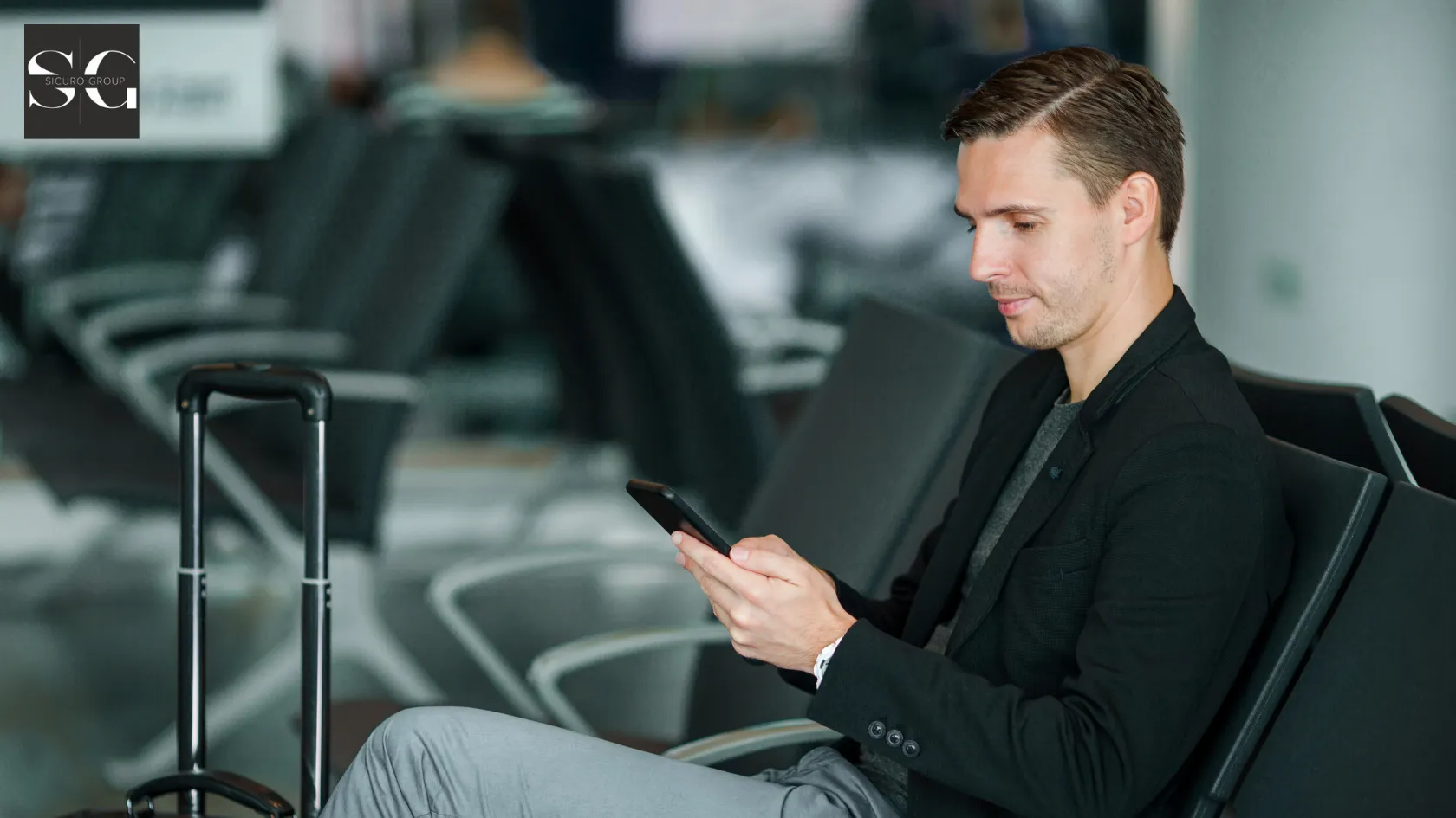 A business man with a suitcase in the airport checking their phone